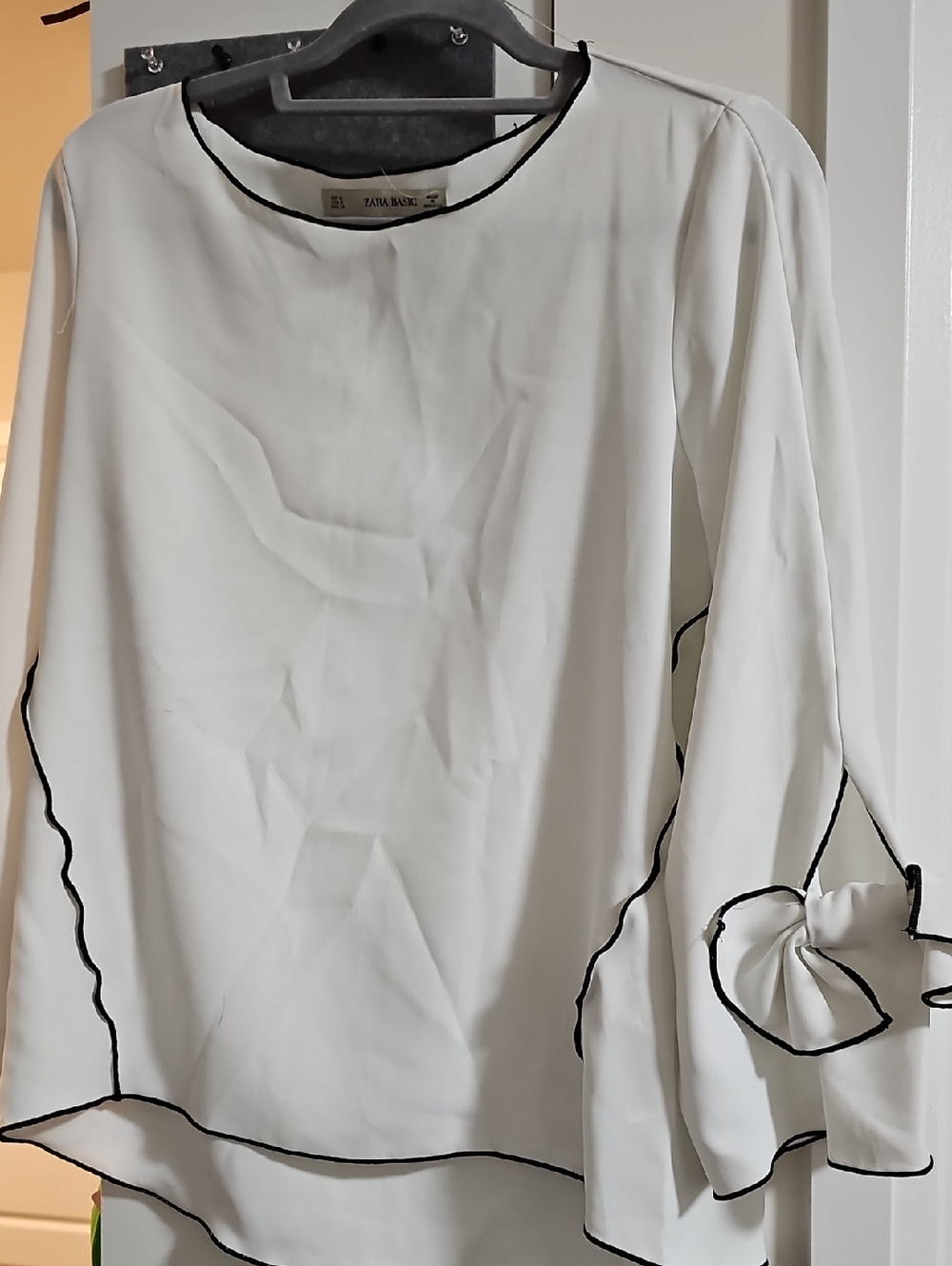 Zara White Blouse with Black Trim and Ruffle Sleeve